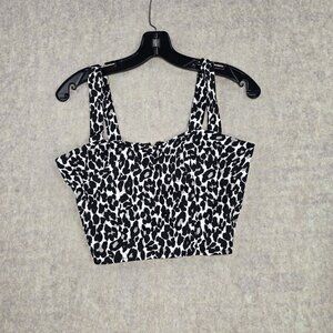 Black & White Leopard Print Womens Crop Top Medium Cotton Blend Zipper Back